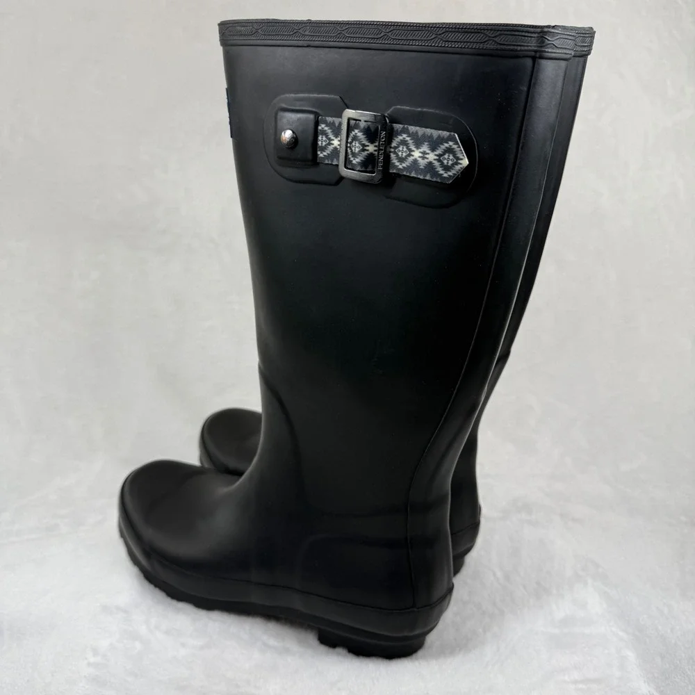 Pendleton Black Rubber Tall Rain‎ Boots Womens Size 7 Southwestern Lining Buckle